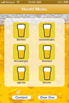 Biernet app hoofdmenu